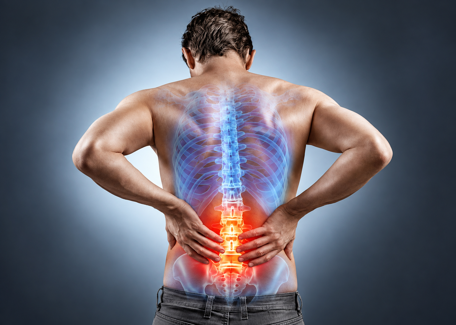 Educational anatomical illustration about muscular lower-back discomfort