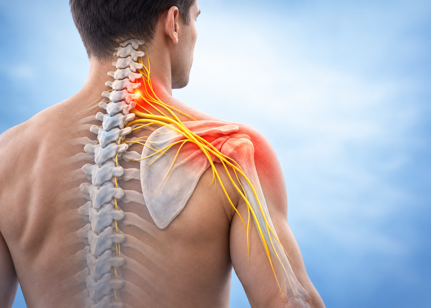 Educational anatomical illustration about neck and shoulder discomfort