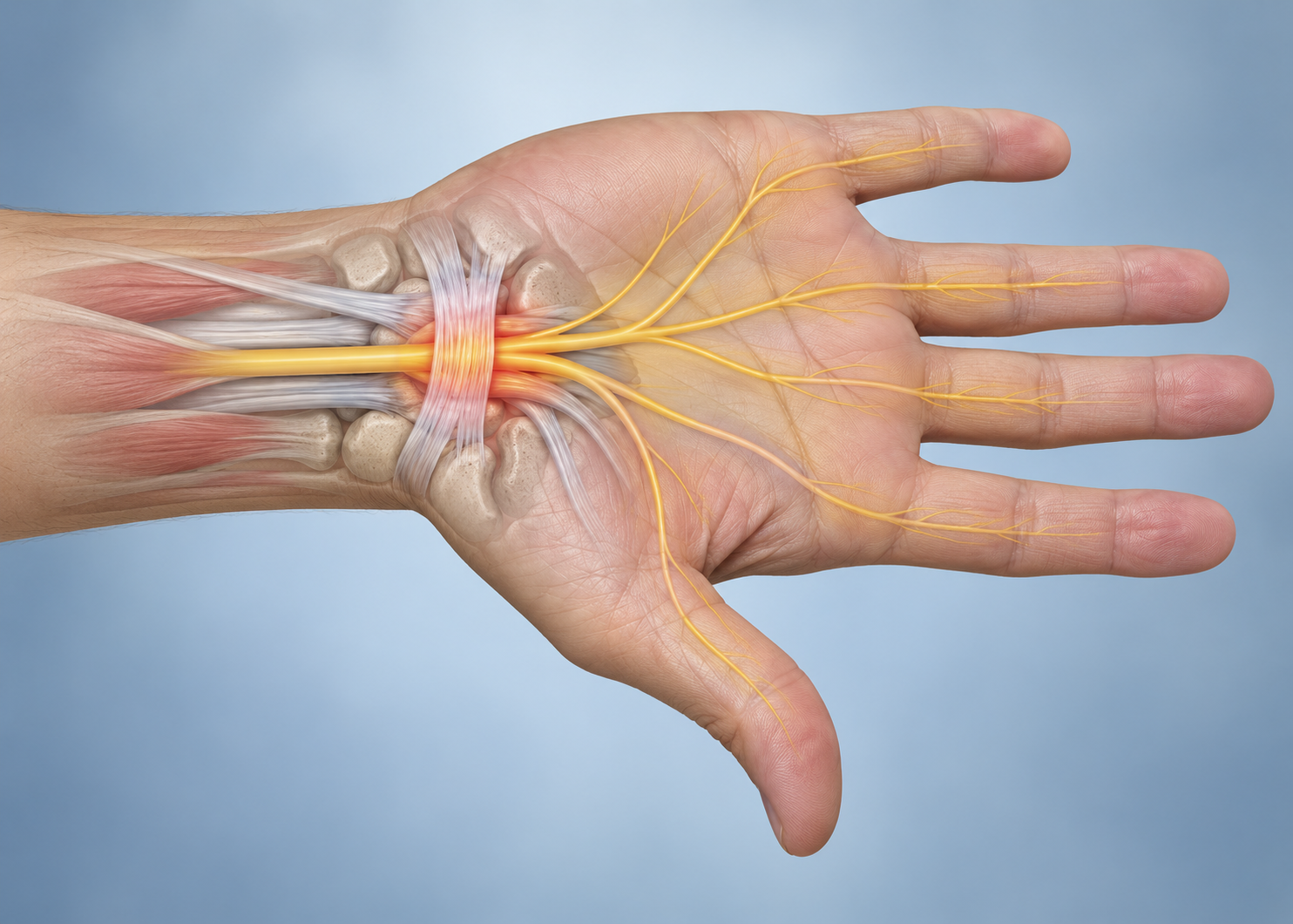 Educational anatomical illustration about hands, wrists, and carpal tunnel